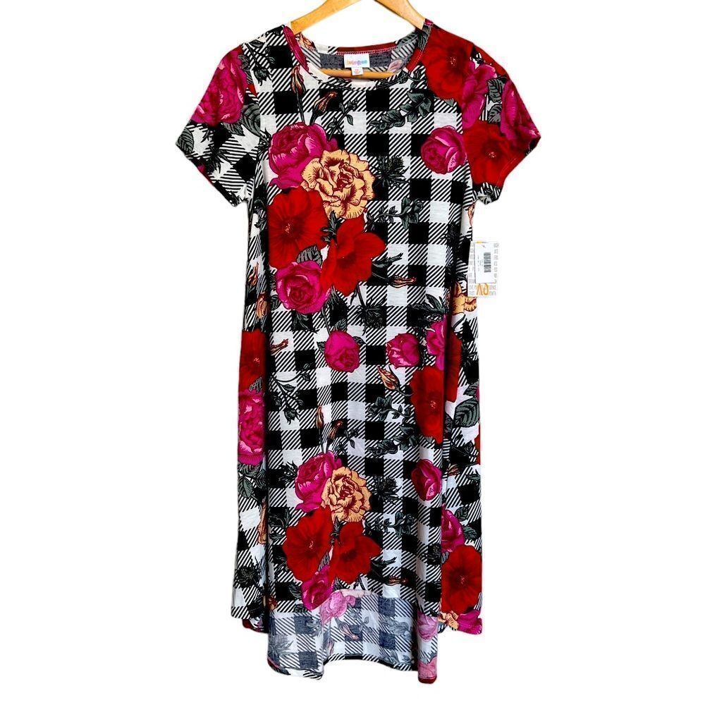LuLaRoe Carly Black and White Plaid Floral Dress Size XS NWT